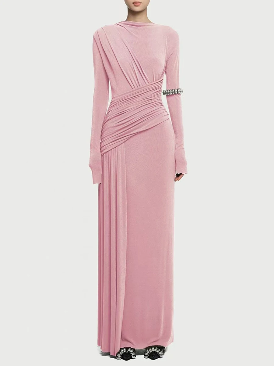 TWOTWINSTYLE 솔리드 슬리밍 드레스 Fr 여성 오 넥 긴 소매 높은 허리 기질 롱 드레스 여성 패션 스타일 의류