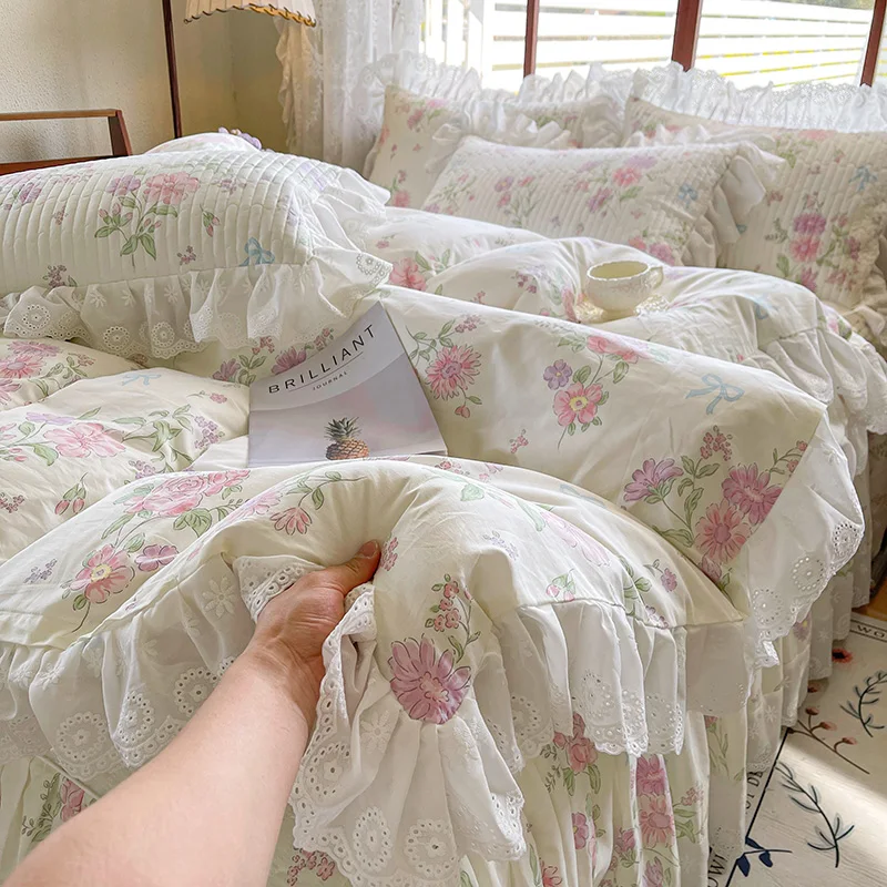 100% Cotton Korean princess style Floral Lace Ruffles Bedding Set Duvet Cover Set Quilted Bed Skirt Fitted Sheet Pillowcases