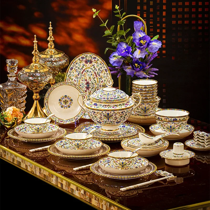 DSA Household Dishes Set Light Luxury Bone China Combination High-end Chinese Dishes Ceramic Tableware Enamel Color Bowls