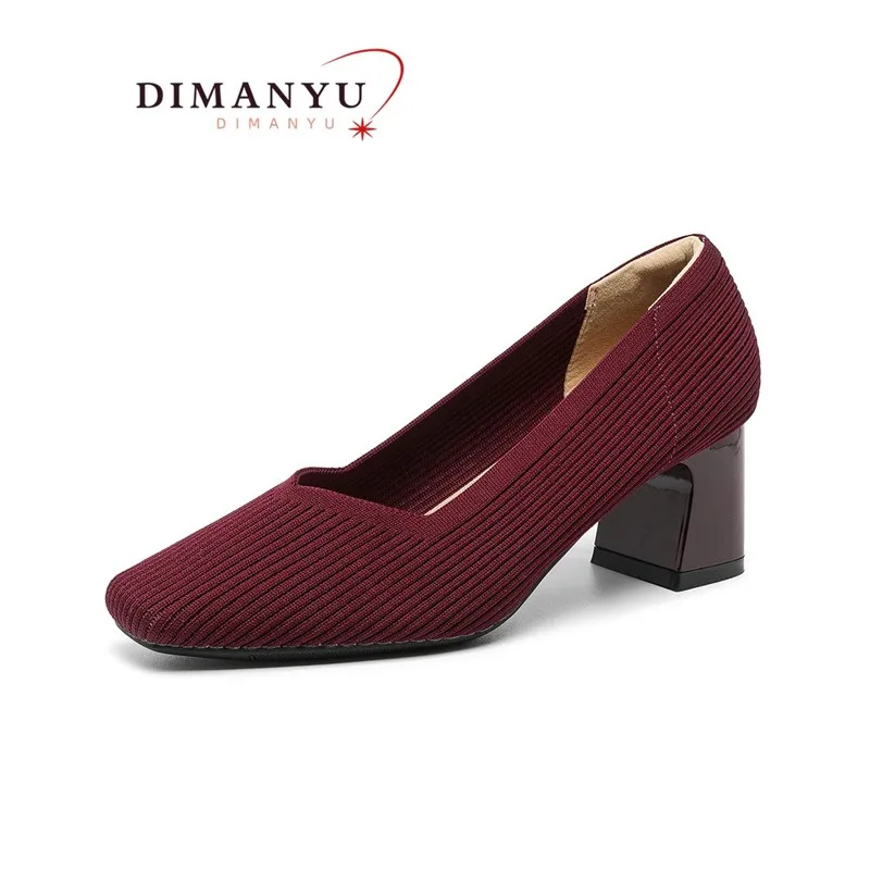 

DIMANYU High Heels Women Block Heel 2024 New Square Toe V Straight Grain Women Dress Shoes Large Size Knitted Women Spring Shoes