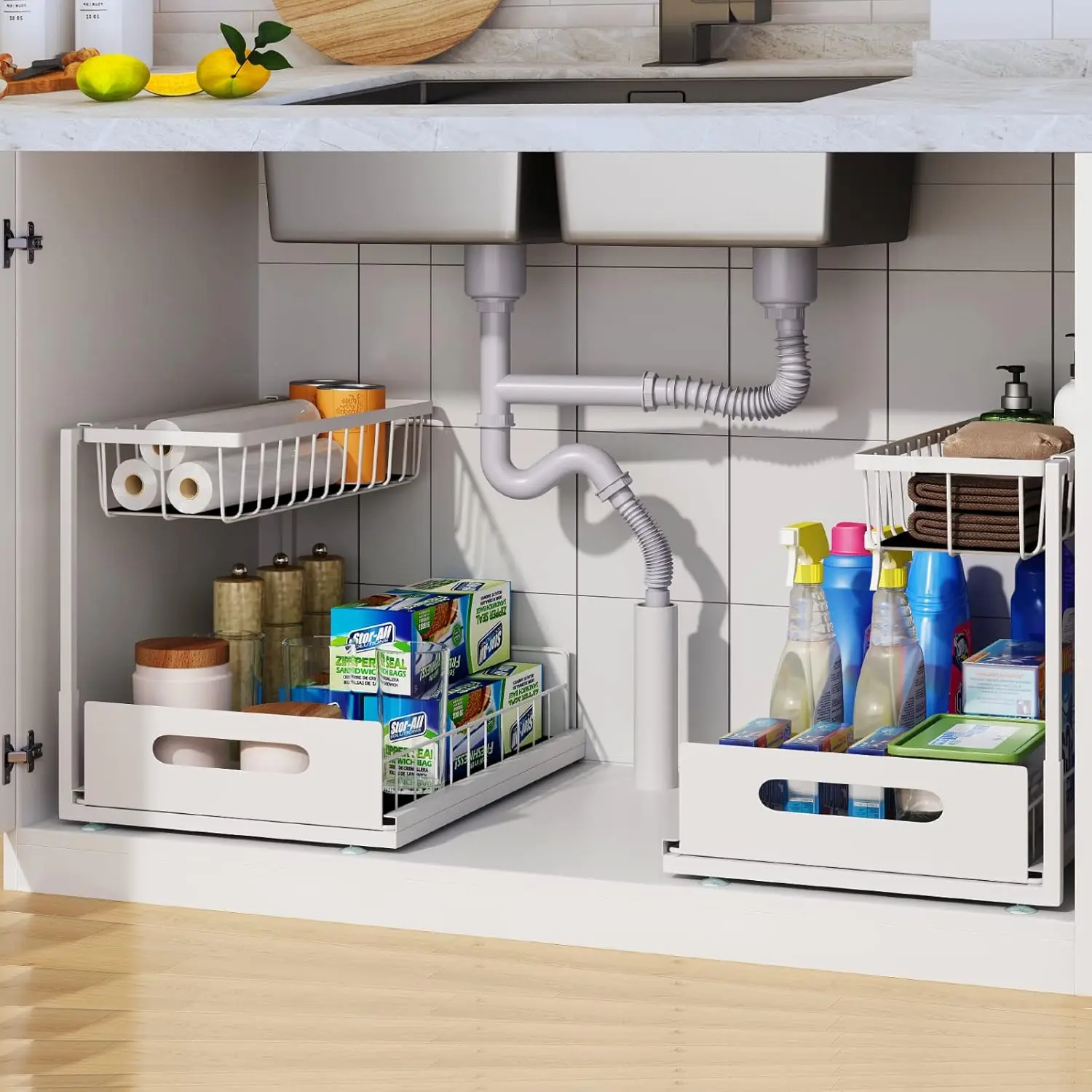 

2 Pack Under Sink Organizer, 2 Tier Pull-Out Cabinet Storage Shelf, Rust-Resistant Metal Organizer for Kitchen Bathroom Laund