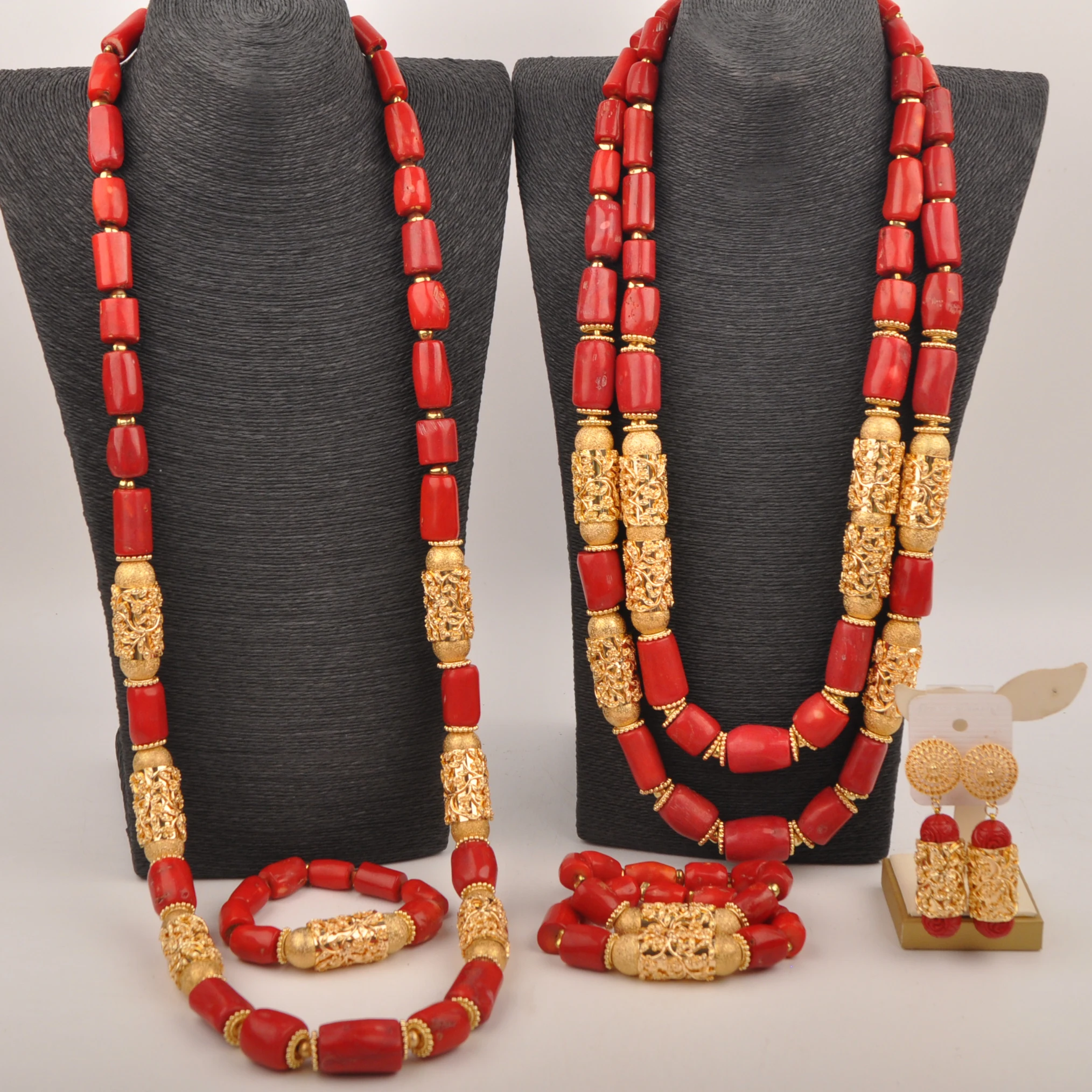 

Red Nigerian Wedding Coral Beads Jewelry Set African Couple Jewelry