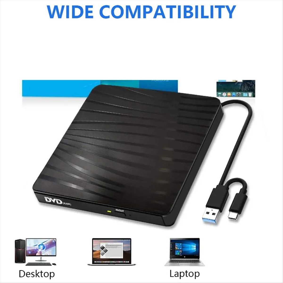 External CD/DVD Drive for Laptop, USB A/C 3.0 CD DVD Player Portable +/-RW Burner CD ROM Reader Writer Disk Duplicator