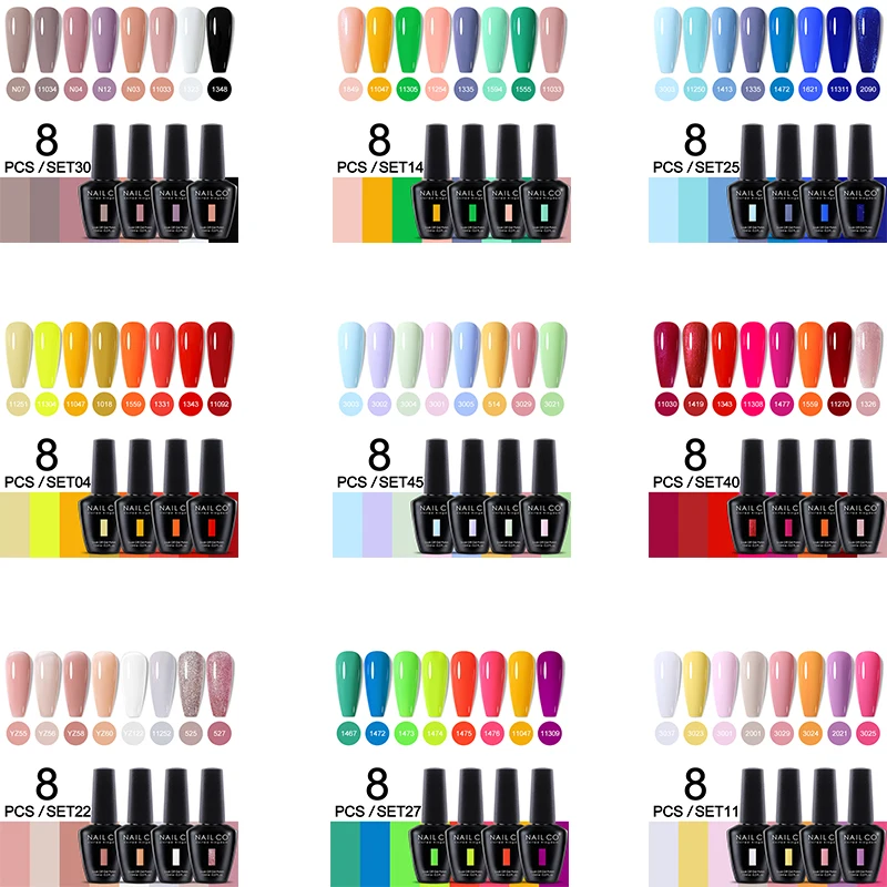 NAILCO 8Pcs/Set 15ML Gel DIY Nail Polish Bright Pink Semi Permanent Soak Off UV LED Gel Varnish Nail Art Design Manicure Kit