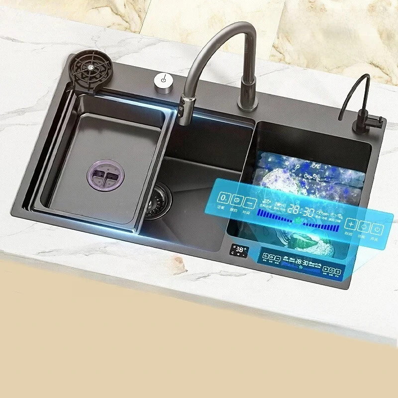 Black 304 Stainless Steel Brushed Surface Smart Digital Display Ultrasonic Double Bowl Kitchen Sink With Waterfall Faucet