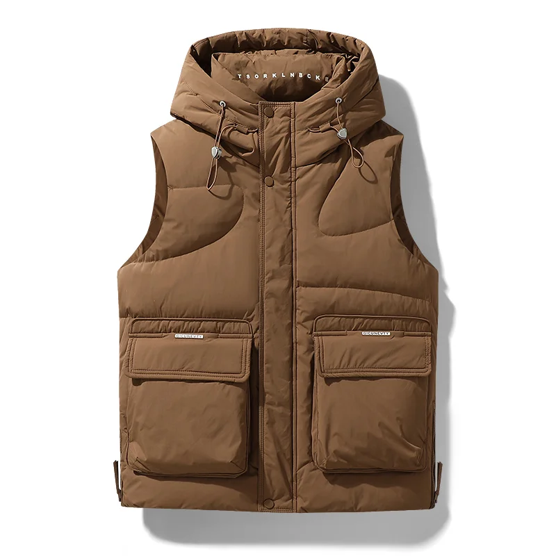 Outdoor tooling down vest, autumn and winter large pockets thickened warm hooded vest coat, 2024 youth sleeveless vest