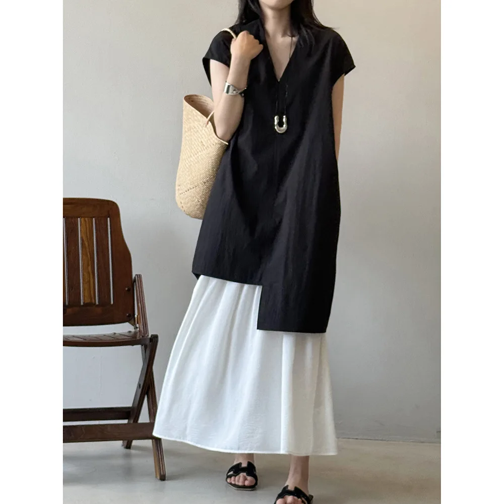 

Summer dress Korean irregular stacking V-neck top + suspender dress set