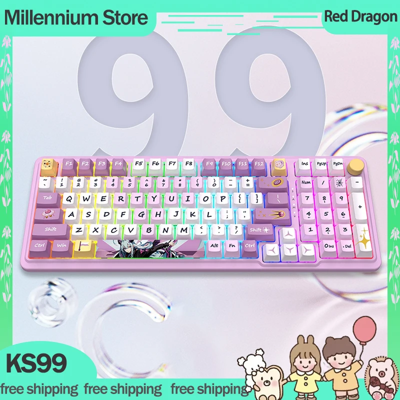 

Red Dragon KS99 Mechanical Gamer Keyboard 3mode Bluetooth Wireless Keyboard 98Key RGB Hot Swap Customized Gamer Keyboard Gifts