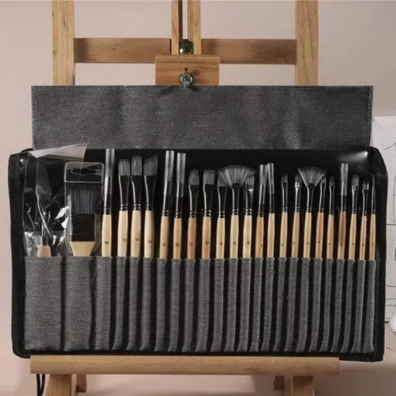 Professional Art Brush With Natural Wood Handles Set Of 24 Nylon Hair Birch Short Rod Artist Paint Brush Set Applicable