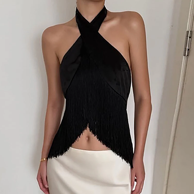 Sexy Hang Neck Backless Club Party Top French Tassel Splice Exposed Navel Slim Tees Trendy Solid Off Shoulder Irregular Blouses