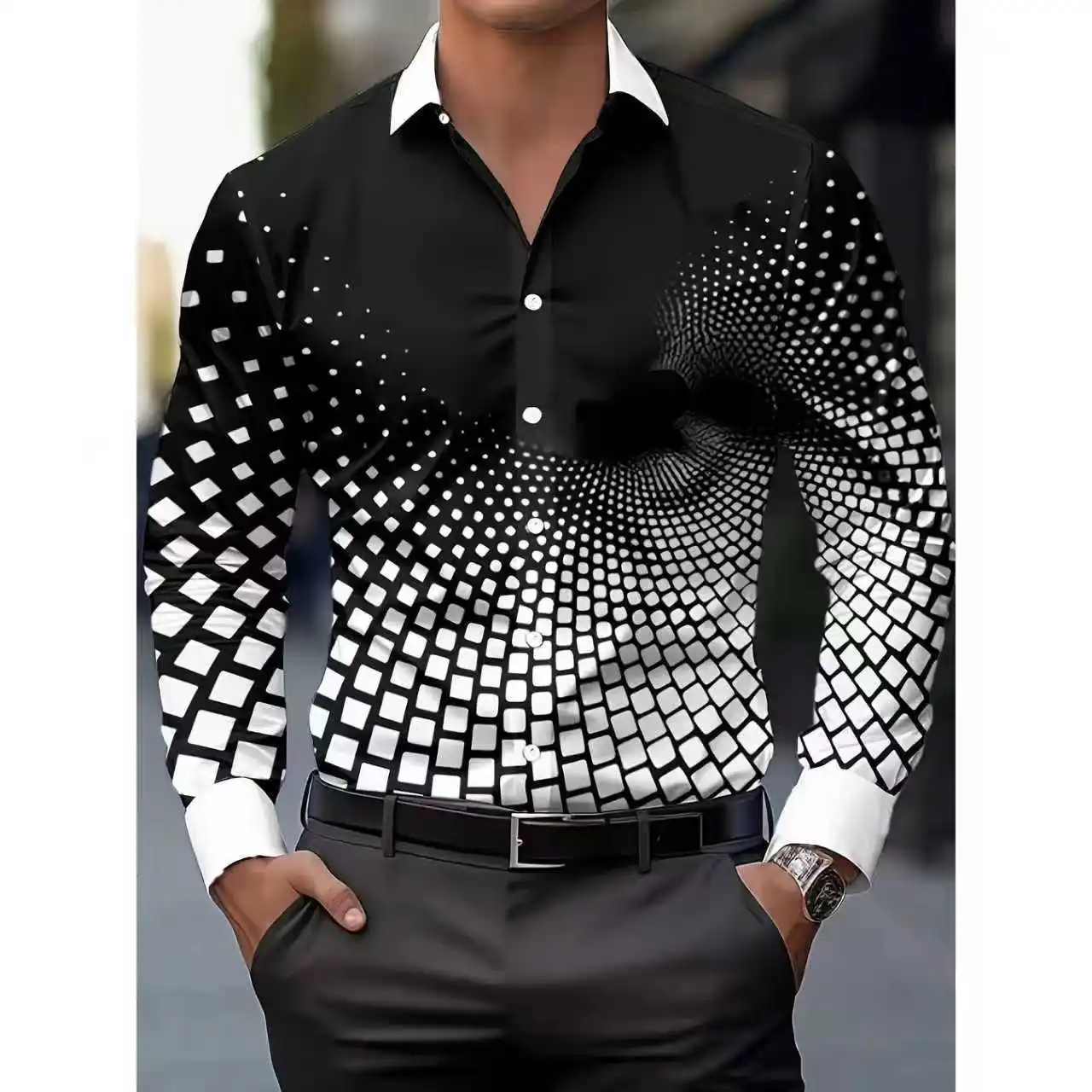 Casual Men's Versatile Fashion 3D Printed Geometric Pattern Men's Long Sleeve Shirt