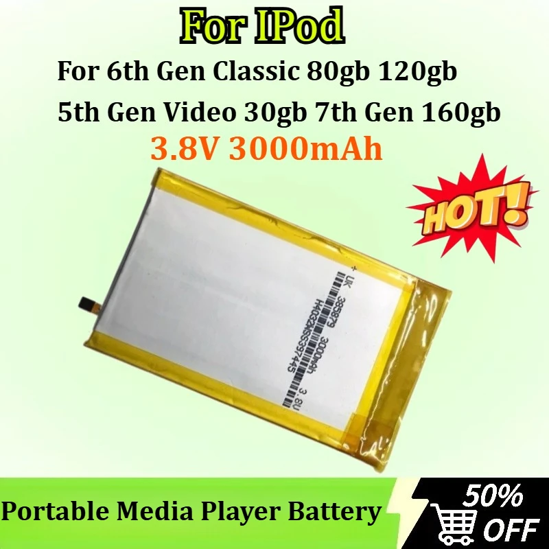 

3.8V 3000mAh Portable Media Player Battery for IPod 6th Gen Classic 80gb 120gb 5th Gen Video 30gb 7th Gen 160gb + Free Tools