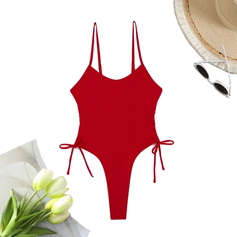 

Red One Piece Swimsuit Female 2024 Thong Swimwear Women Drawstring Bathing Suits Summer Beach Wear Bather Monokini Swim Pool