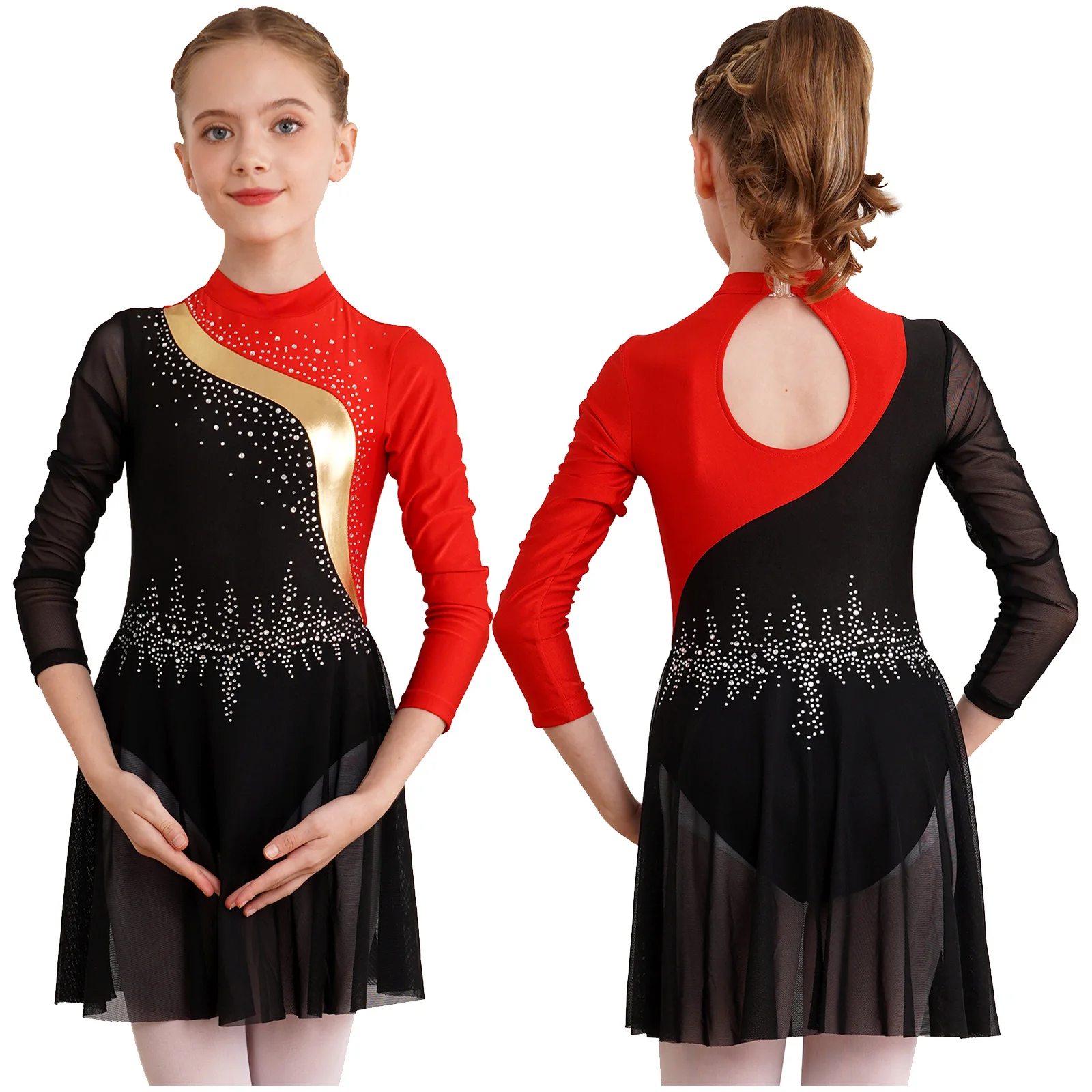 Kids Girls Ballet Figure Skating Dress Lyrical Dance Rhythmic Gymnastics Leotard Tutu Long Sleeve Rhinestone Sheer Mesh Dresses