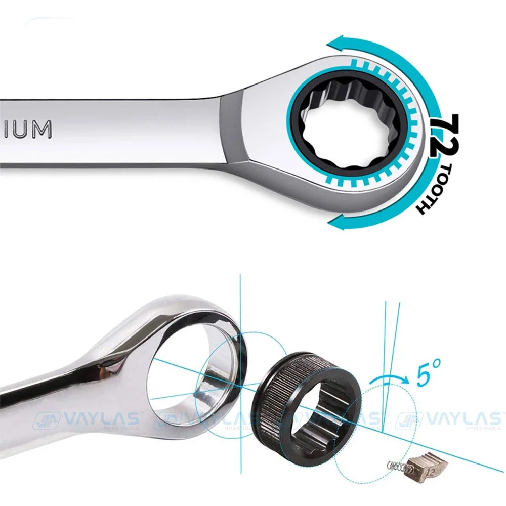 1-Piece Double Ratchet Wrench Spanner Tool Hand Tool 72-Tooth Chrome Vanadium Steel Mirror Finish