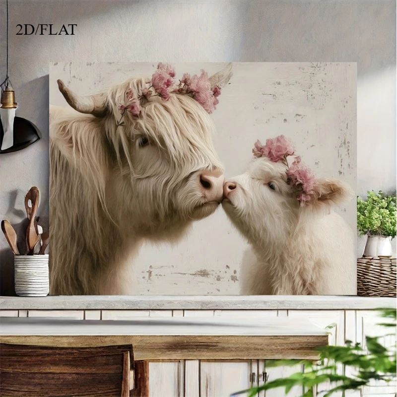 (No frame)2D Flat, 1pc Highland Cow Wall Art Suitable for Home Office,, Farmhouse Decor - Wood-Framed Canvas Print Poster wit