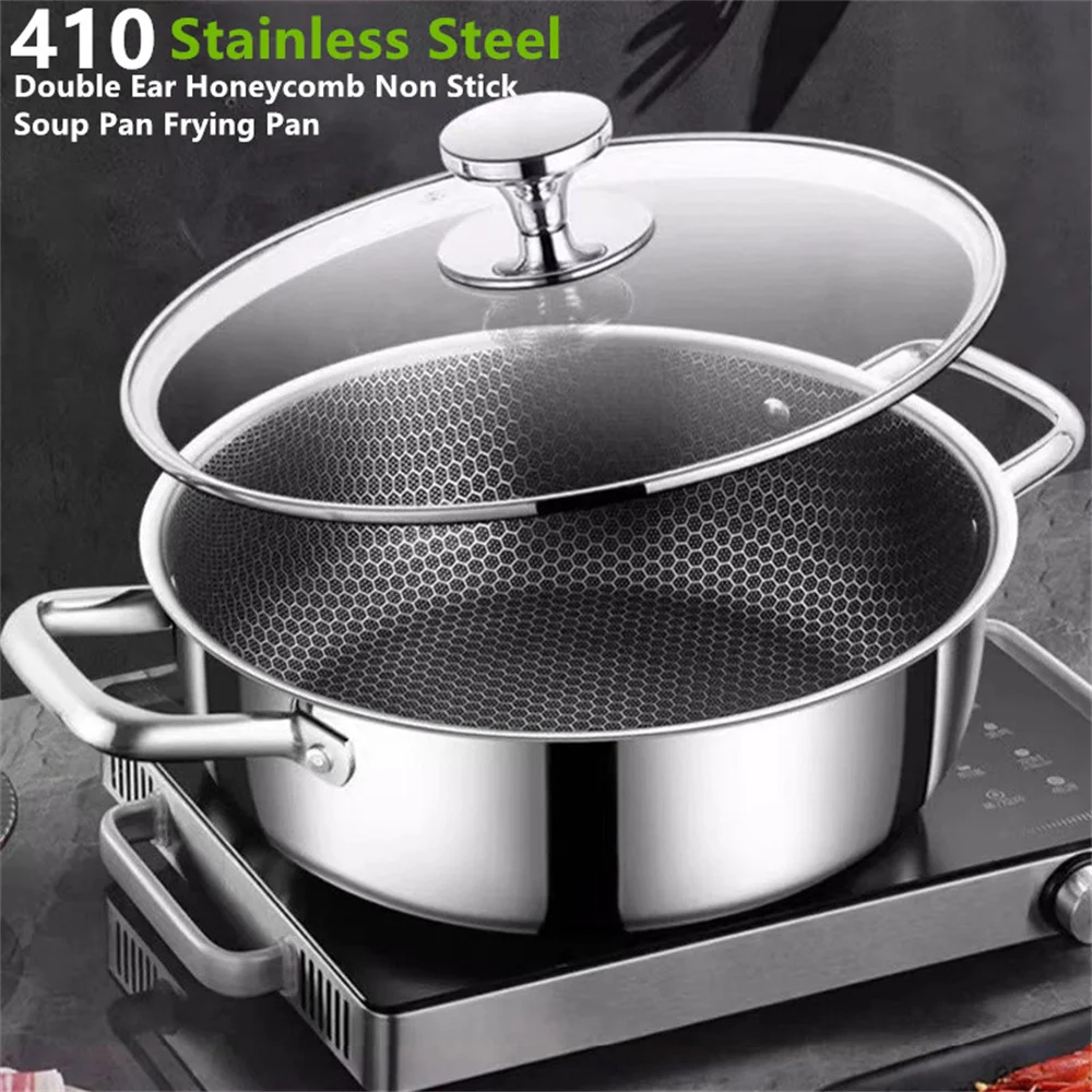 410 Stainless Steel Soup Pot Honeycomb Non-Stick Pot Wok With Lid Household Kitchen Induction Cooker Gas Stove Universal Hot Pot