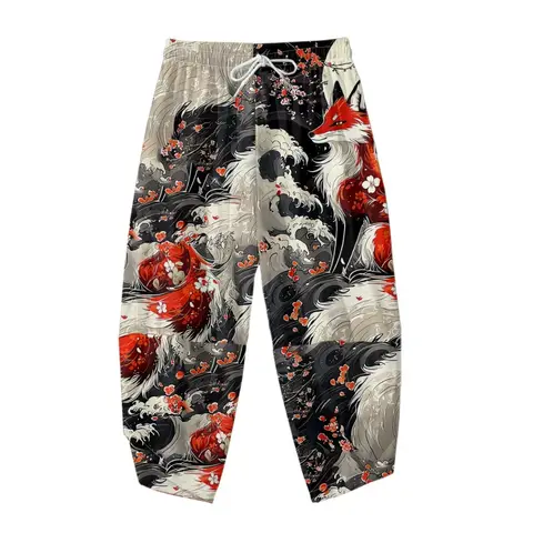 The Great Wave of Kanagawa Fox Printed Black Men Japanese Harem Trousers Casual Elastic Waist Kimono Cropped Pants Streetwear