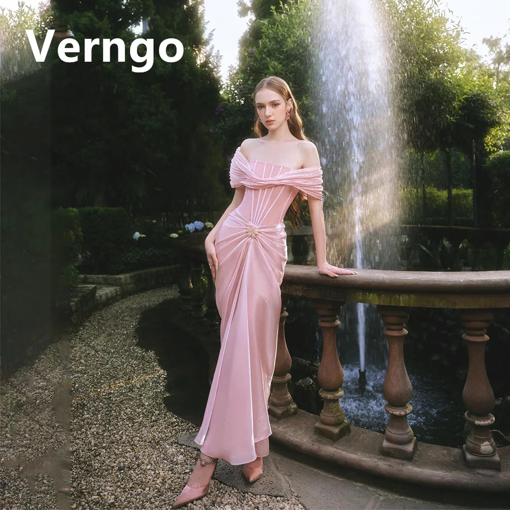 

Verngo Blush Pink Evening Dress For Women Off The Shoulder Mermaid Prom Gowns Ankle Length Pleat Party Dress Elegant Formal Gown