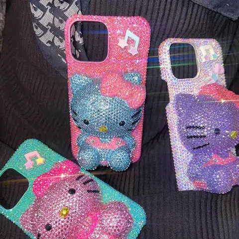 Hello Kitty Rhinestone Bling Crystal Phone Case Chain For iPhone17 16 15 14 13 12 11Pro Max X Xs XR 7 8 Plus Transparent Bumper