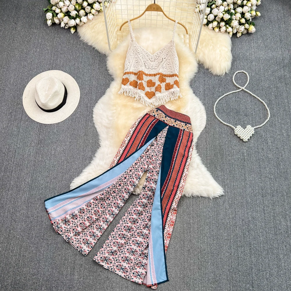 

Seaside Fashion Suit Female Tassel Camisole Two-piece High Waist Slim Split Chiffon Wide Leg Pants