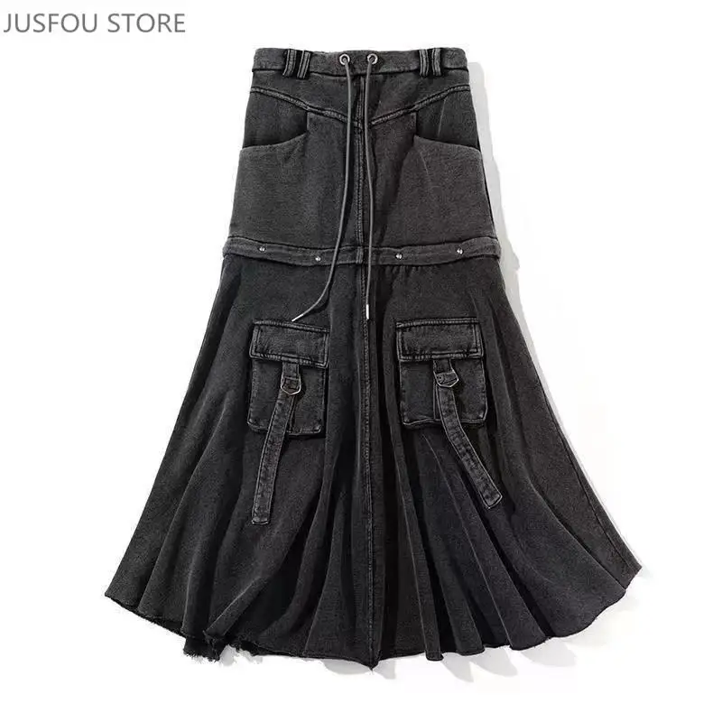 Pocket Splicing Slim Women's Skirt Casual Drawstring Detachable Two-Wear Denim Skirt, Versatile Chic Drapey Mid-Length Skirt