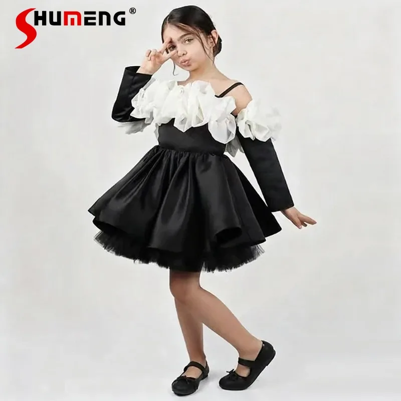 

Черное платье принцессы с длинными рукавами и бретелями для девочек, нарядное платье в корейском стиле для выступлений на фортепиано, детская праздничная одежда