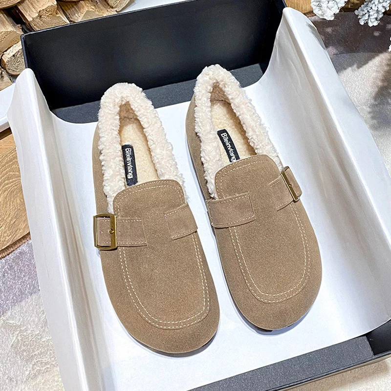 Lässige Slipper für Damen, Flache Schuhe mit Riemen, Winter-Fell-Schuhe, Damen-Baumwoll-Mokassins, Warme Slip-On Schafsfell-Stiefel