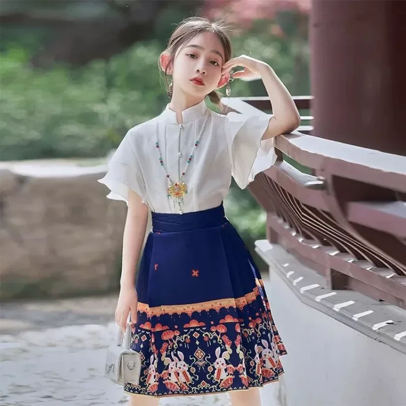 

Ming Dynasty Chinese Hanfu Dresses Girl Improved Fashion Stand Collar Short Sleeve Shirt Rabbit Printed Short Horse Face Skirt