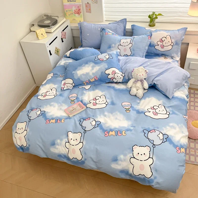 Cute Bear Duvet Cover Set Queen 100% Cotton Bedding for Kids Boys Girls Teens Cartoon Rabbit and Clouds on Blue Comforter Covers