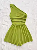 Women One Shoulder Ruched Romper Textured Sleeveless Jumpsuit Wide Leg Shorts Playsuit Casual Summer Beach Vacation Outfits - Image 3