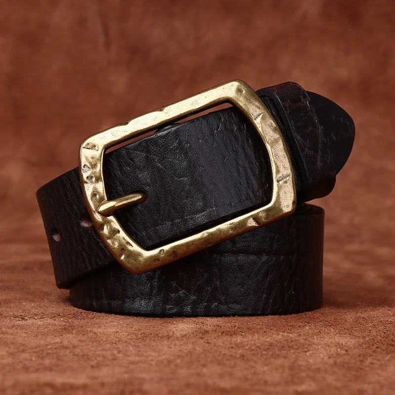 Men's Thick Full-Grain Leather Belt with Ice Crack Pattern Antique Brass Buckle, Genuine Leather Fashion Trendy Unique Belt for