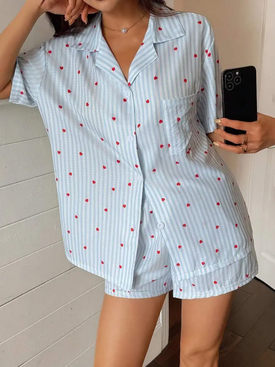 

Blue Striped Heart Print Short Sleeve Pajama Set Women Loose Summer Sleepwear