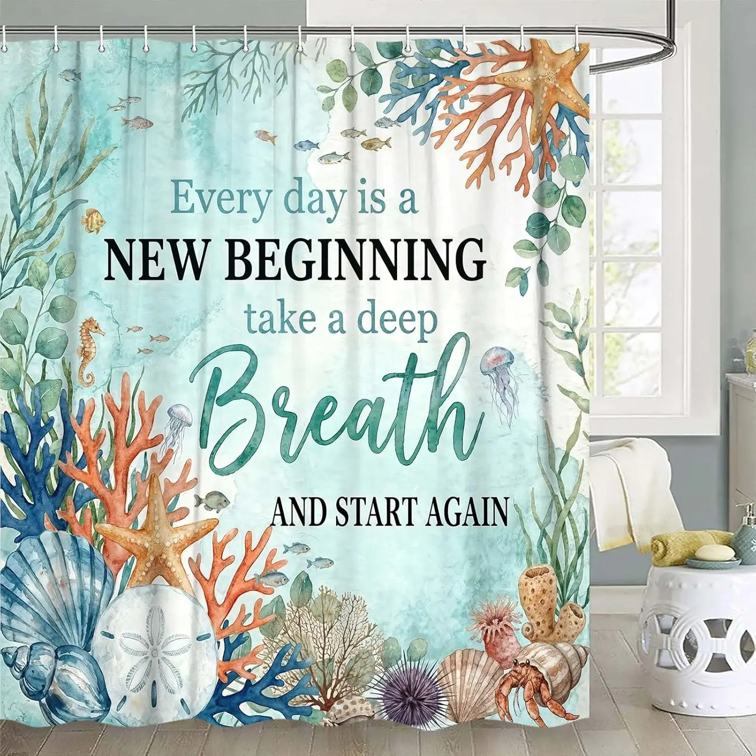 

Ocean Inspirational Quote Shower Curtain Sea Life Print for Bathroom Decor