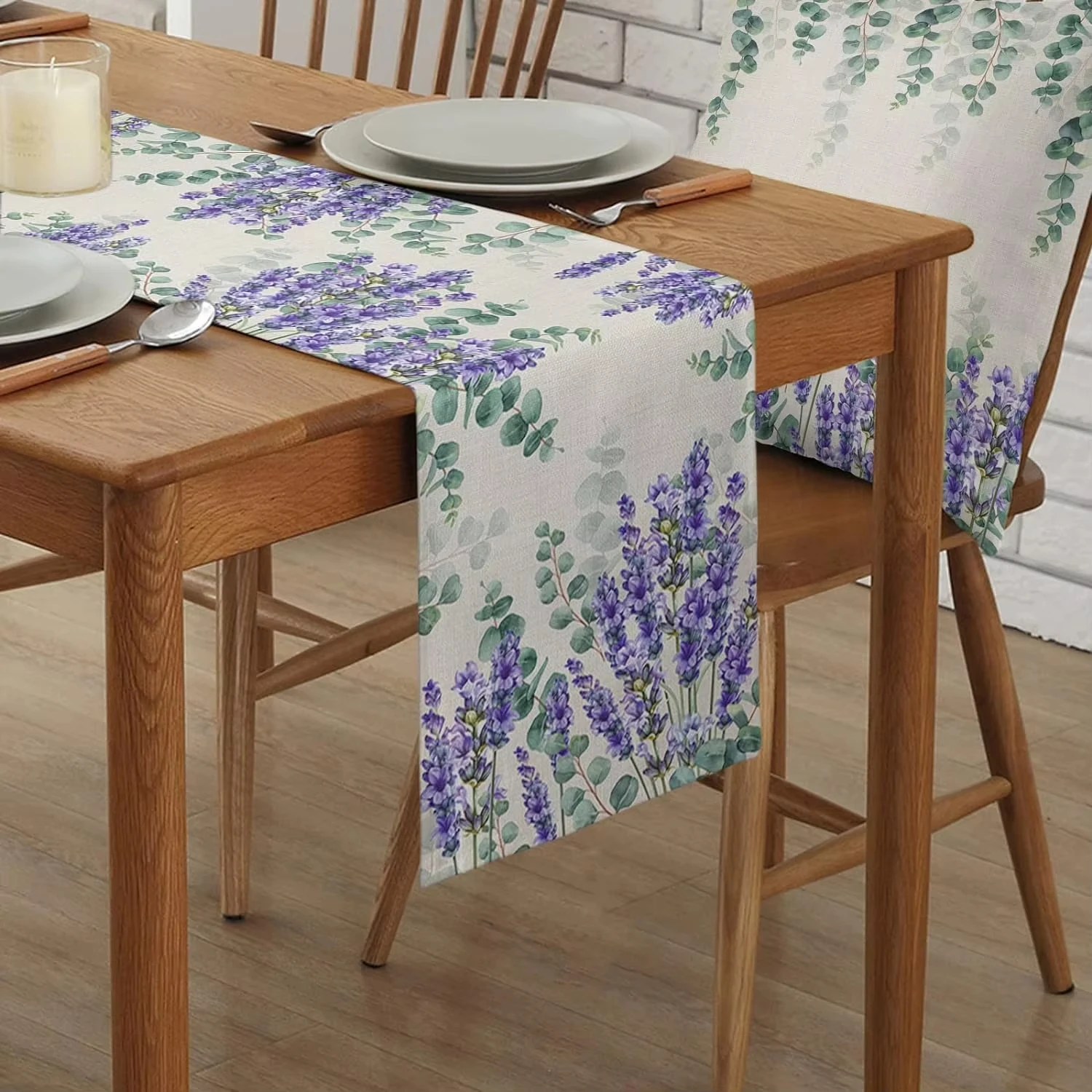 Eucalyptus Leaves Purple Lavender Flowers Linen Table Runners Party Decor Kitchen Dining Table Runners Wedding Decorations