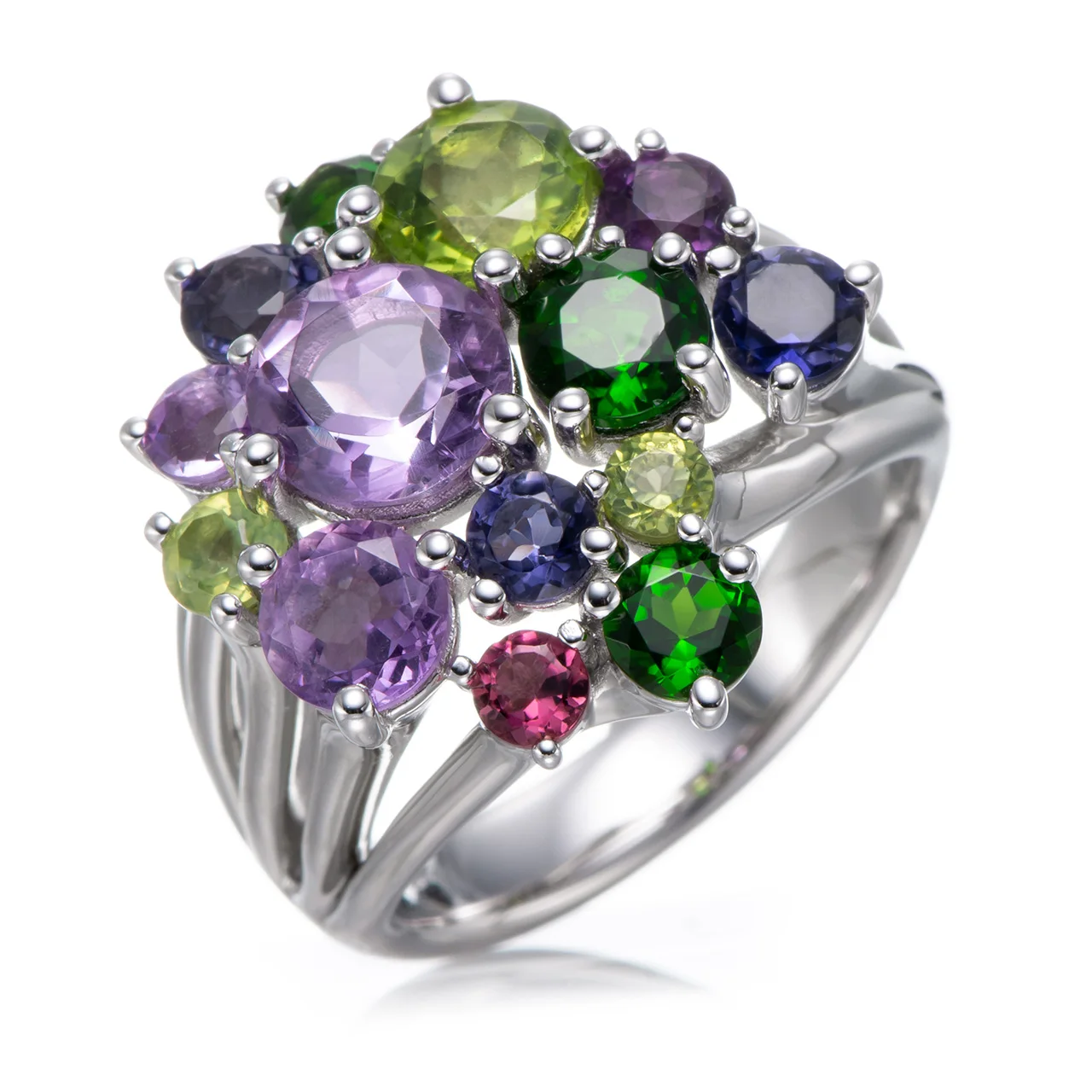 

Multi Tourmaline,Iolite,Chrome diopside,Amethyst,Peridot Rhodium Over Sterling Silver Ring