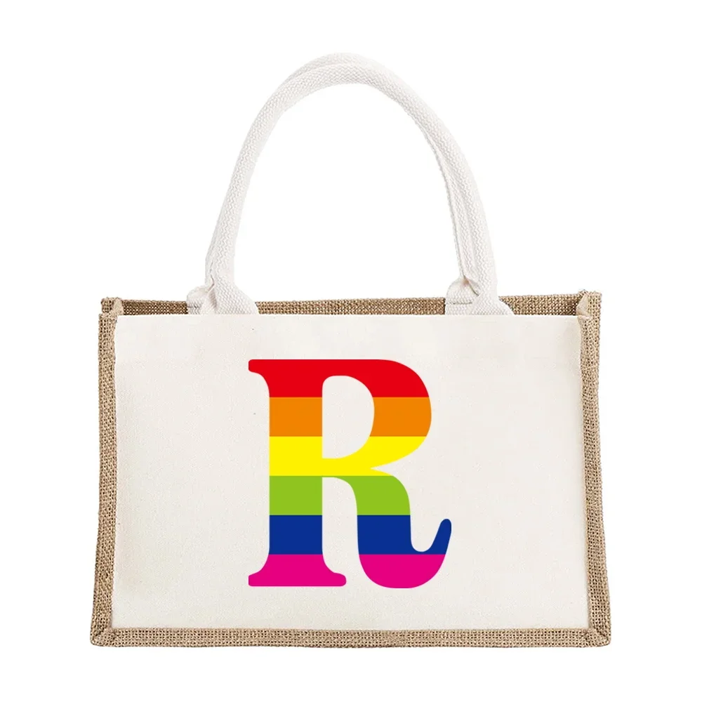 Handbag Women's Fashion Shopping Bag Rainbow Pattern Series Personalized Portable Canvas Linen Handbag Shopping Bag
