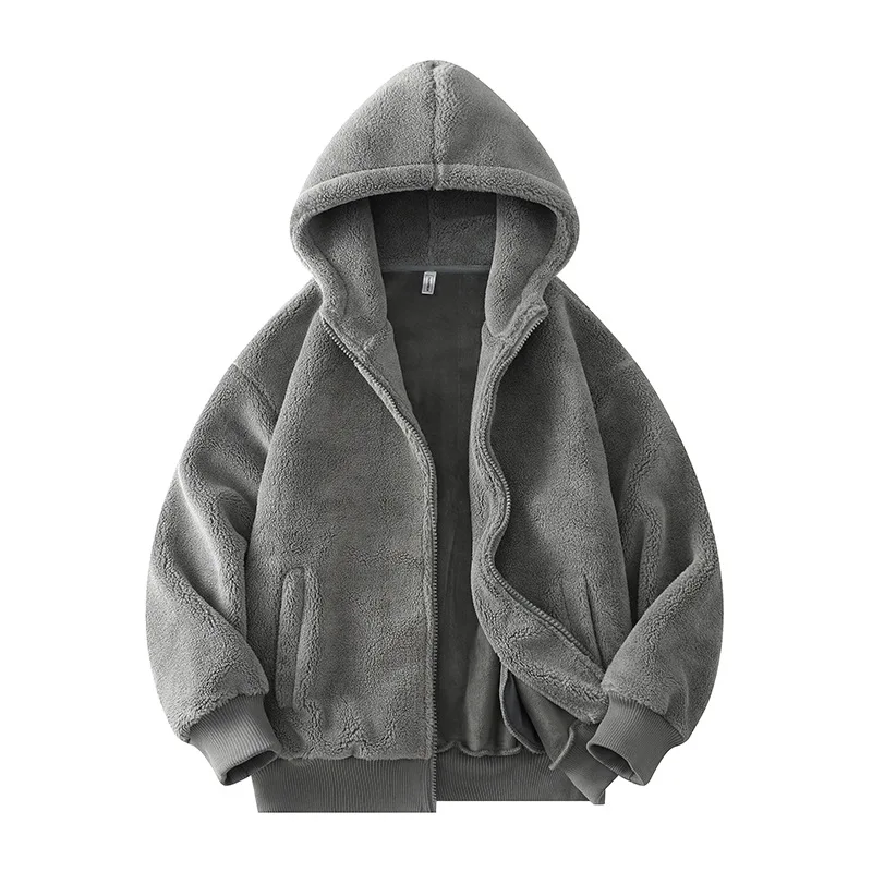 KIDWHXR Men Fleece Jacket Autumn Winter Korean Long Sleeve Man Hooded Outerwear Simple Solid Loose Comfortable Male Sweatshirt
