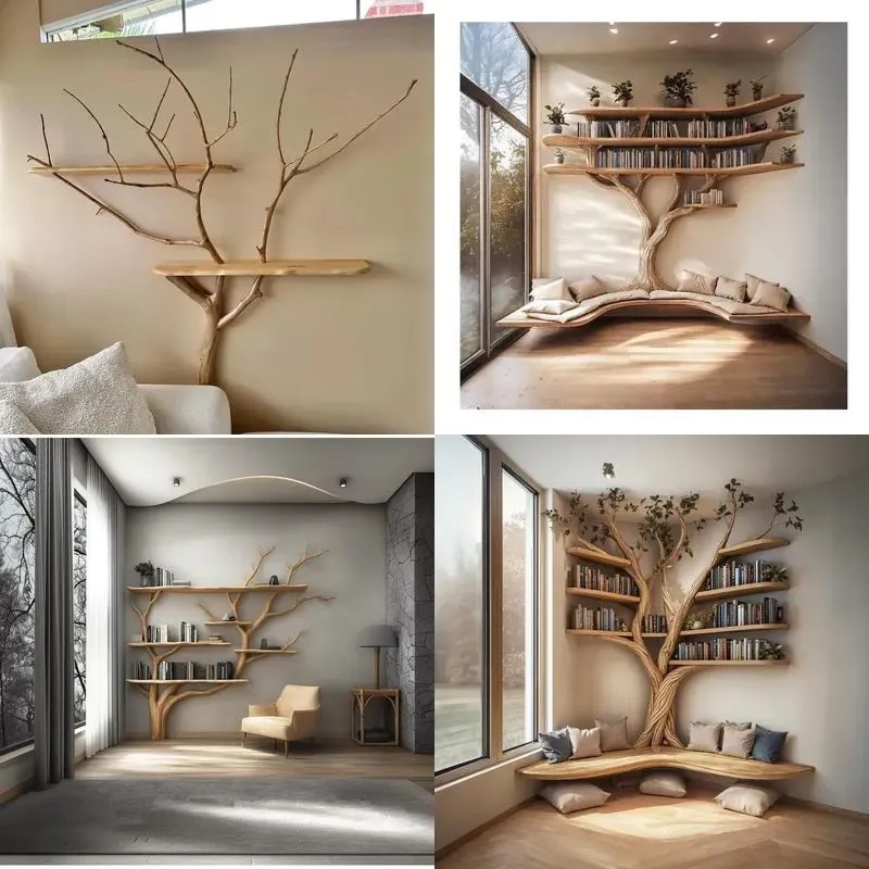 Handmade Modern Floating Tree Shaped Bookshelf Natural Log Siding Design Wall Mounted Shelf for Hotel Home Decor Storage