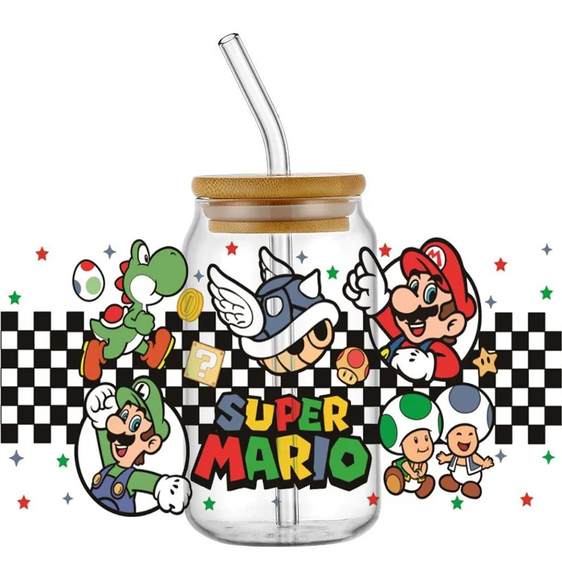 Imagem -02 - Miniso Encanador dos Desenhos Animados Mario Series Envoltório Adesivo uv Dtf Cup Faça Você Mesmo Impermeável Decalque para 160z Libbey Óculos