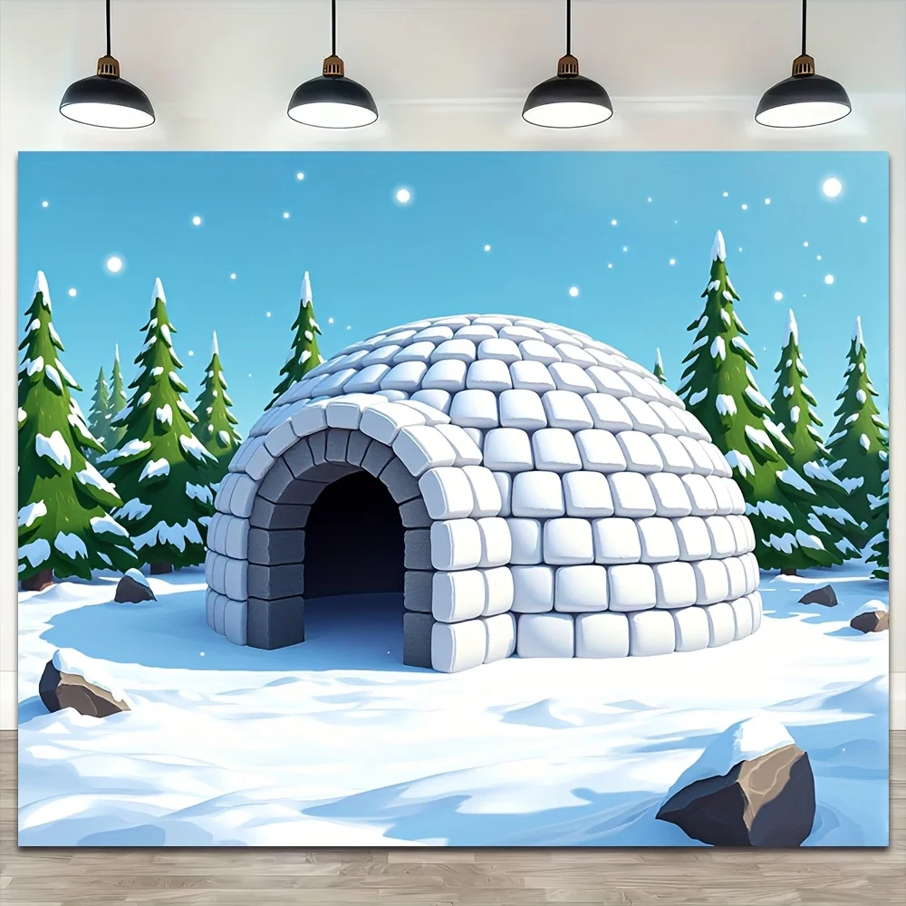 1 Stück Arktis-Hintergrund – Winter-Wunderland-Schneehaus und Kiefernbaumszenen, langlebiger Fotohintergrund aus Polyesterstoff
