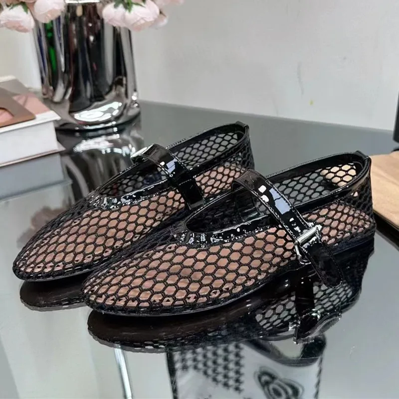 

Qianruiti Hot Sell Women Mesh Shoes Sexy Hollow Out Fishnet Buckle Strap Flat Ballet Shoes Comfort Daily Mules Women Loafers