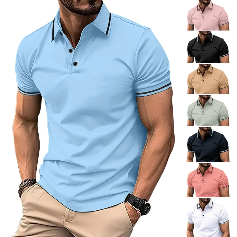 GZMS-ins-Summer TT Shirt for Men, Button, Rib Collar, Sports Polo Shirt