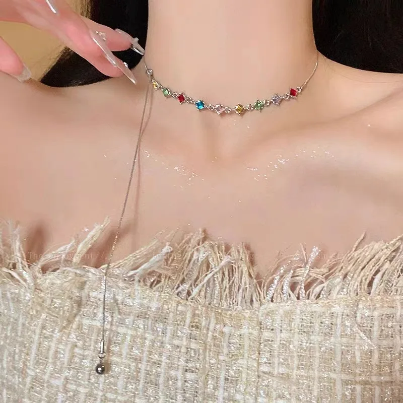 Fashion Rainbow Gravel Necklace Light Luxury Niche Personality Adjustable High-end Sweet Clavicle Chain