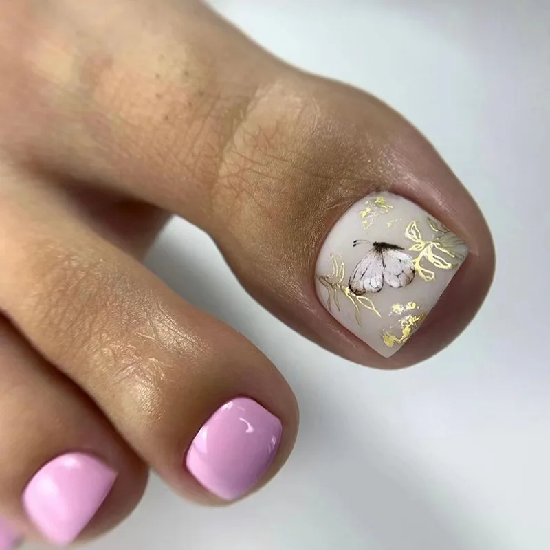 

24pcs Press-On Toe Nails - Pink & Gold Foil Floral Butterfly Design Luxe False Pedicure Set in Multiple Sizes