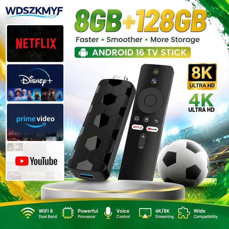 Android 16 Smart TV Stick 8GB+128GB Google Assistant 4/8K UHD Bluetooth5 Media Player Sehr WLAN-fähig Mit WiFi 6 Für Netflix YouTube Disney+