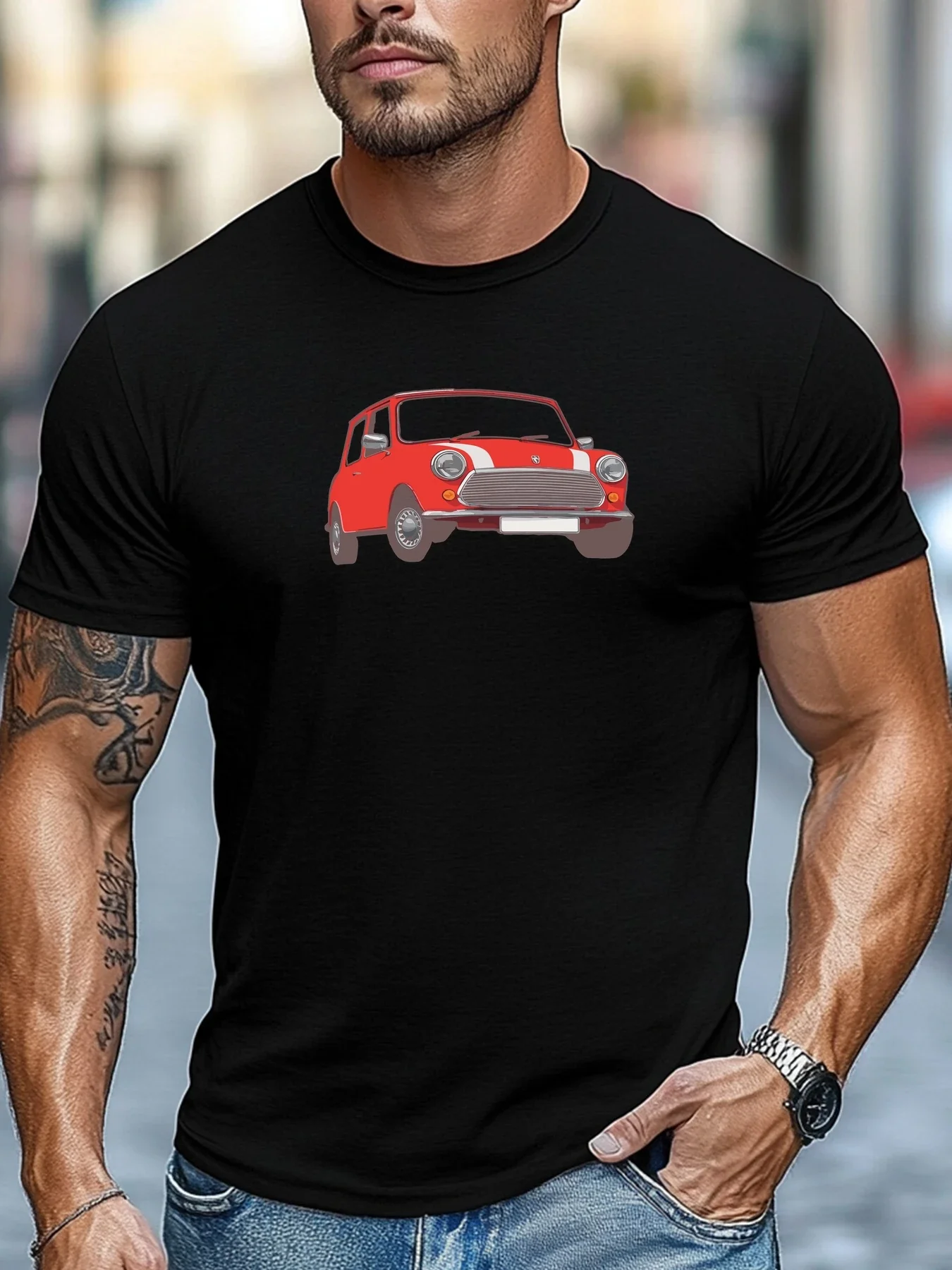 Men Light Blue Crew Neck Tee Classic Red Mini Cooper Retro Compact Car Illustration Vintage Auto Fan Soft Cotton Male Tops