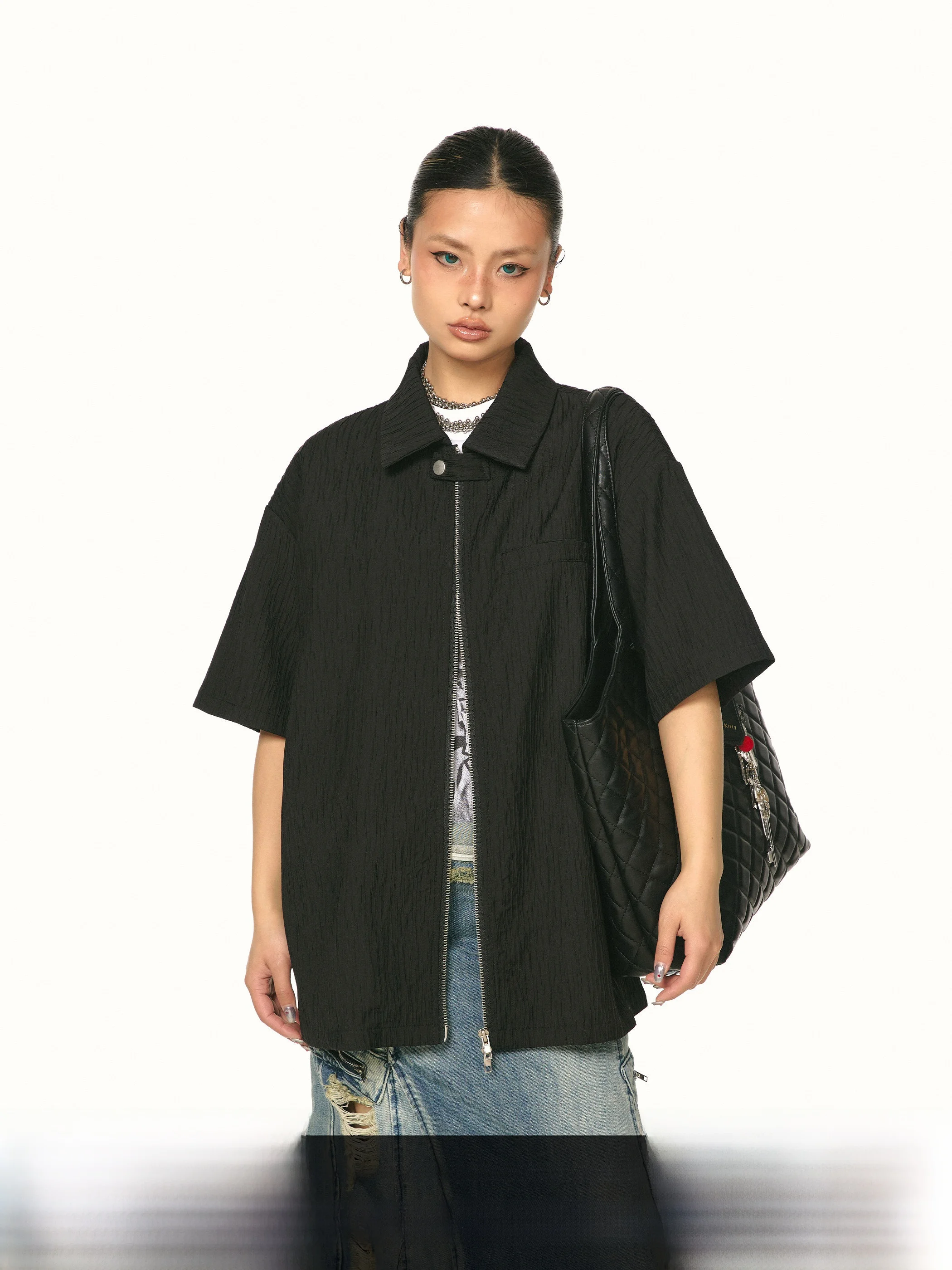 

Мужская летняя повседневная рубашка Blabb с текстурой, на молнии, свободного кроя, из полиэстера, однотонная, плиссированная, модная