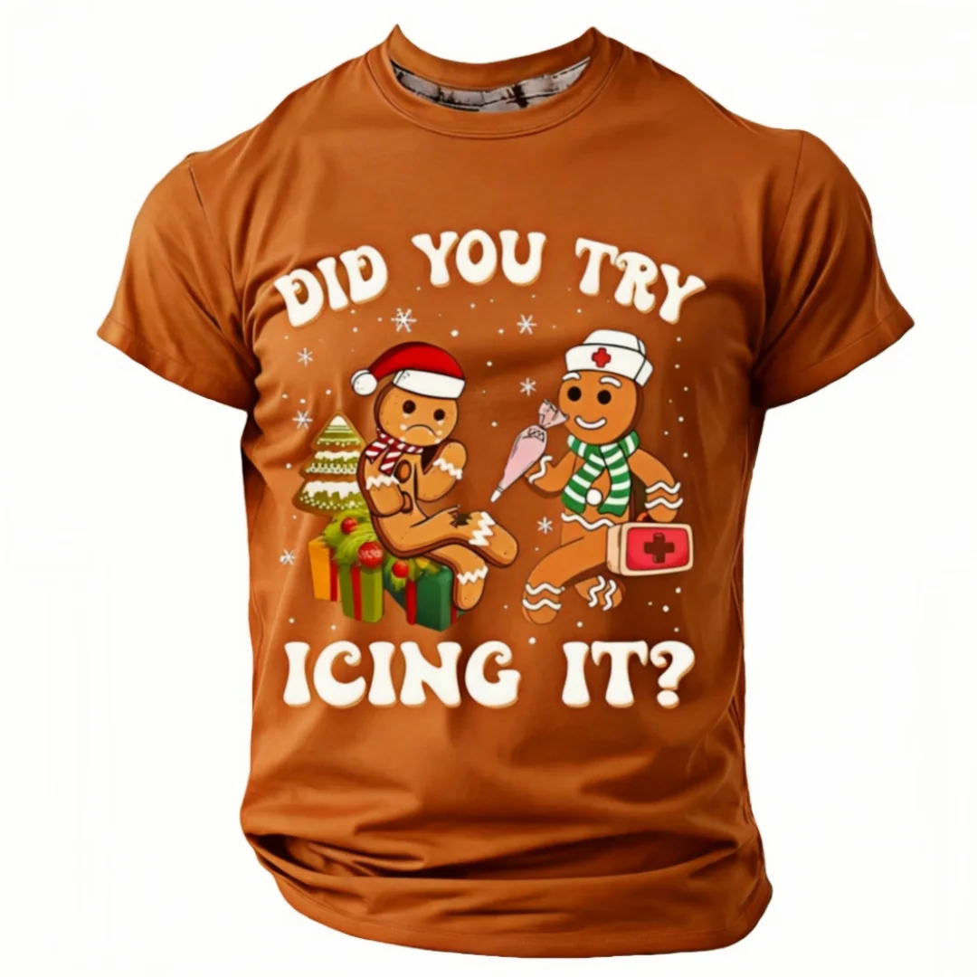 

Funny Cookie Pattern Printed T-shirt Creative Cartoon Character Men's Short Sleeve Tees Christmas Theme T Shirt Daily Casual Top