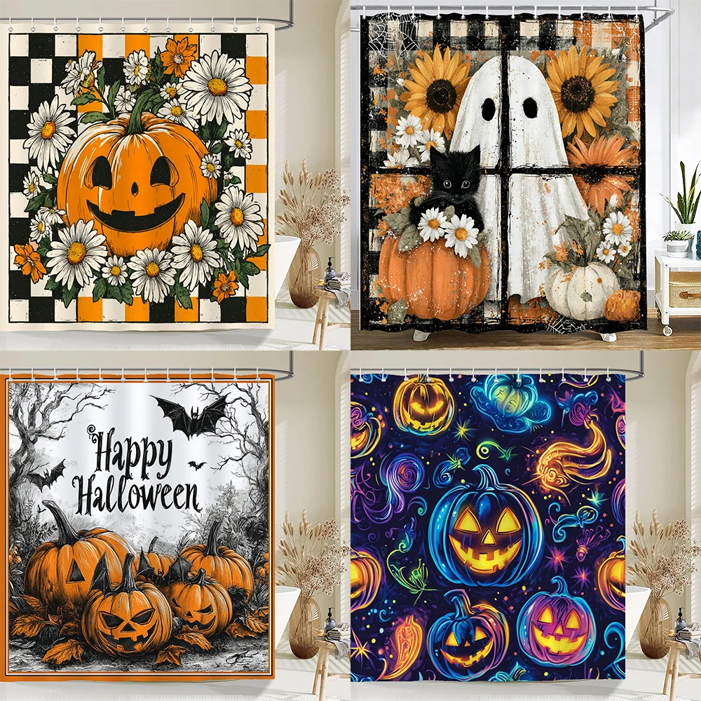 

1PC Halloween Shower Curtain All Saints Day Bathroom Curtain Pumpkin bat ghost Bathtub Curtain with Hooks for Bathroom Decor